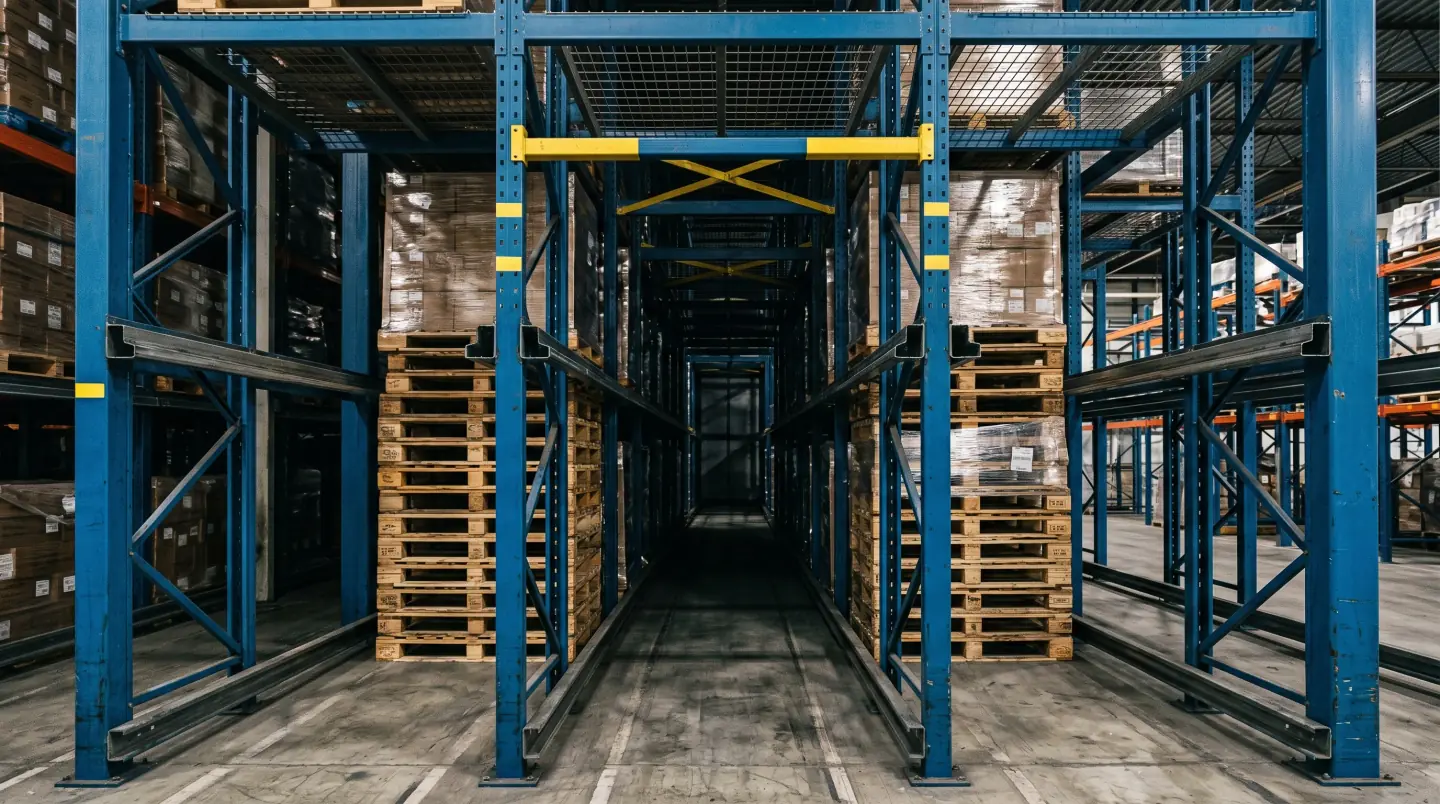 Lift truck pulling into a drive-in rack lane inside a Houston-area cold storage building