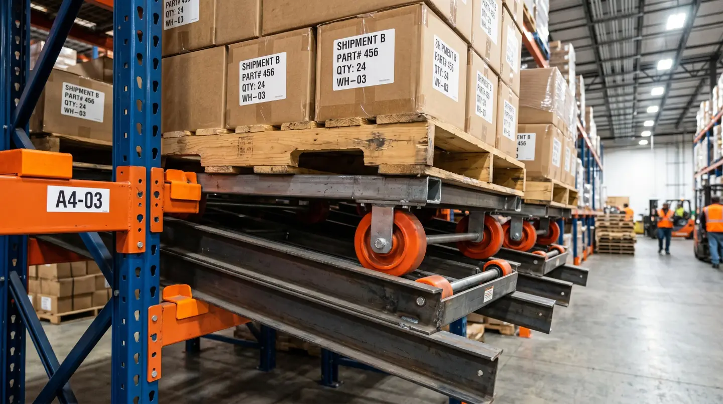 Pushback lanes with stacked carts on sloped rails in a Houston-area distribution building